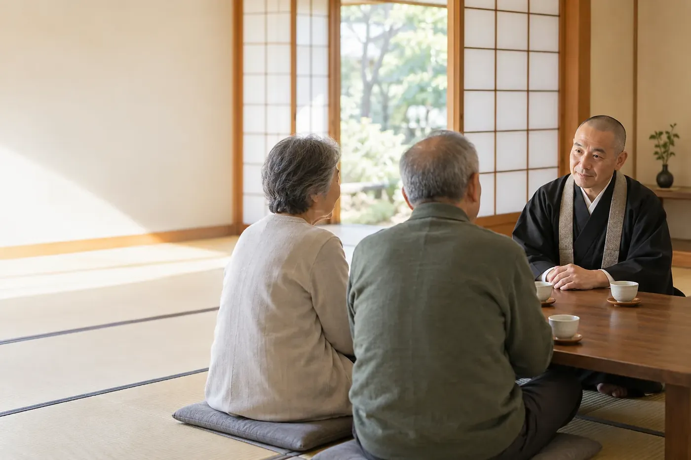 座敷でご夫婦の相談を受ける僧侶