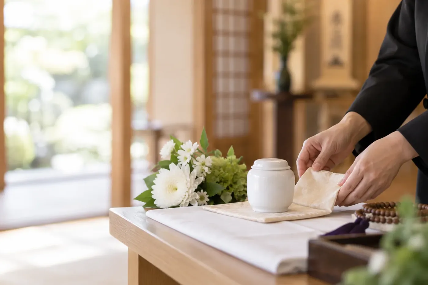 骨壺を布で包む手元と、供花・数珠・位牌