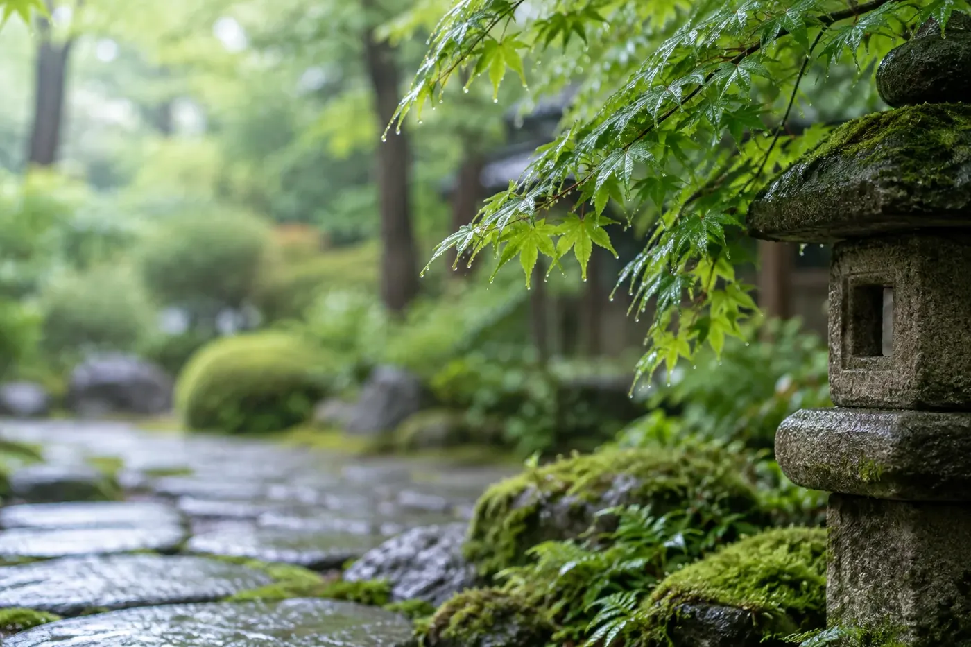 雨あがりの苔庭と石灯籠