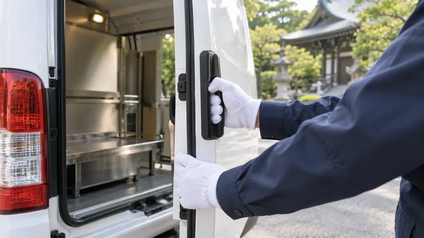 火葬車の扉を開ける手元