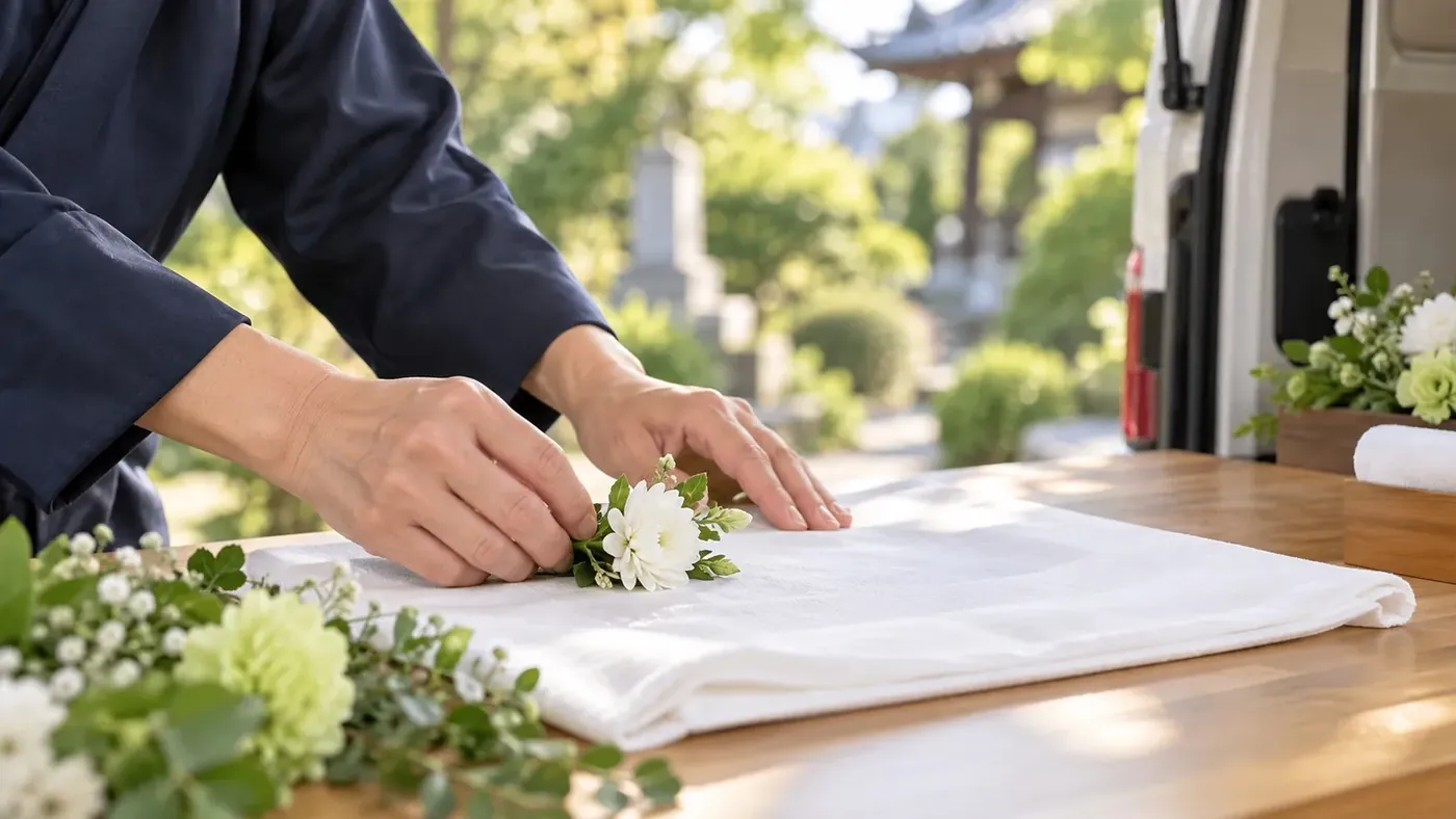 白布と献花の準備
