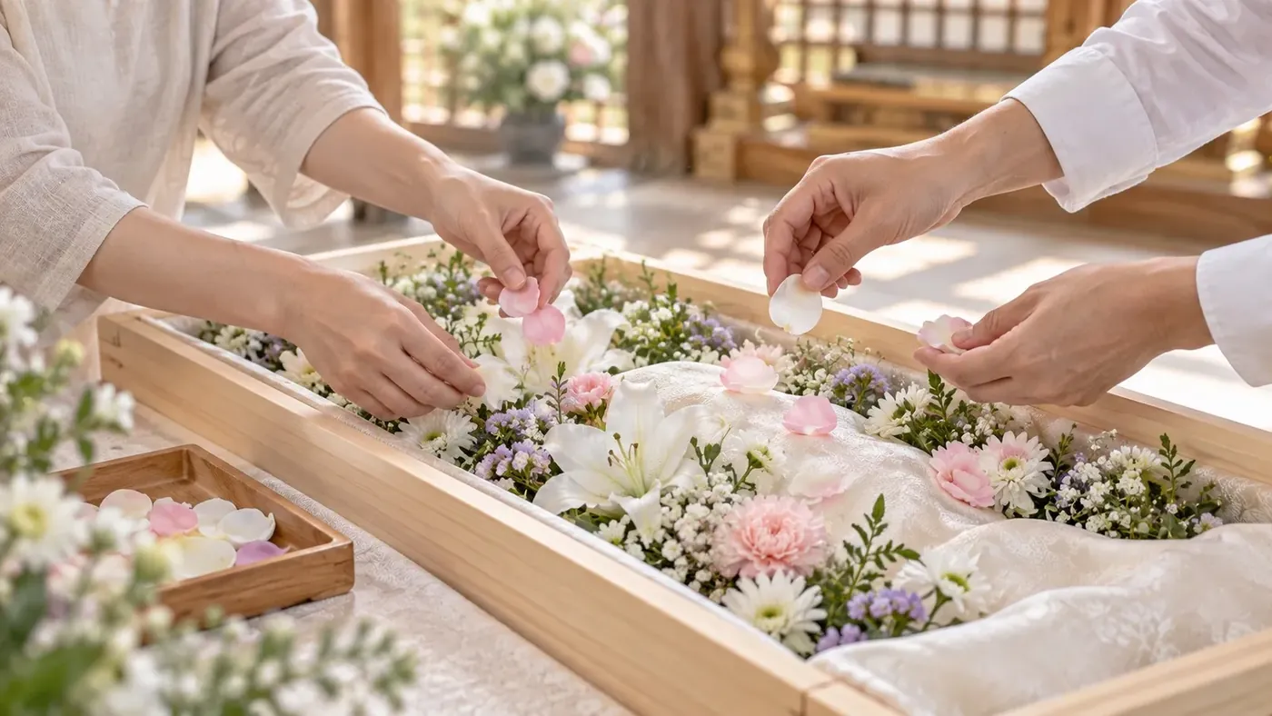 棺に花を手向けるご家族の手元