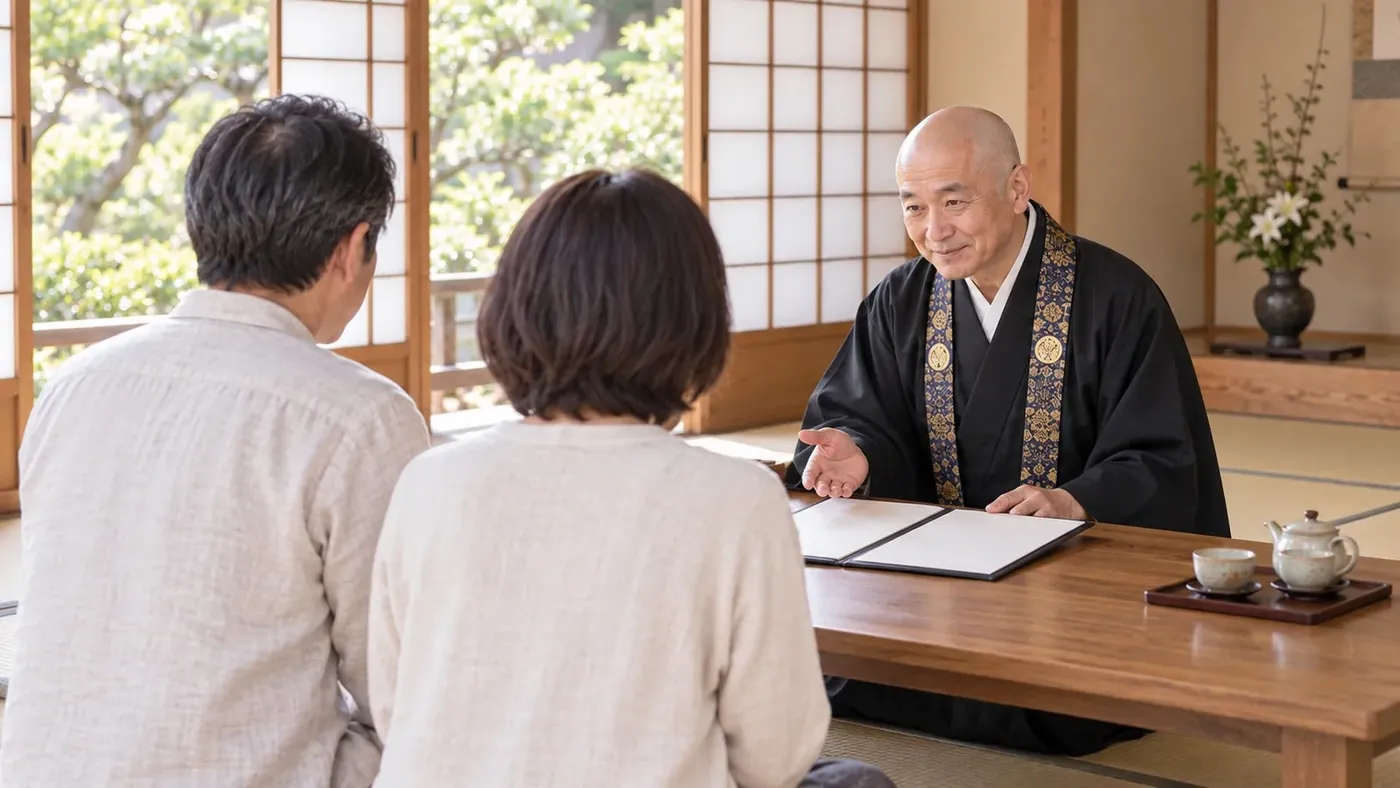 ご家族に説明する僧侶