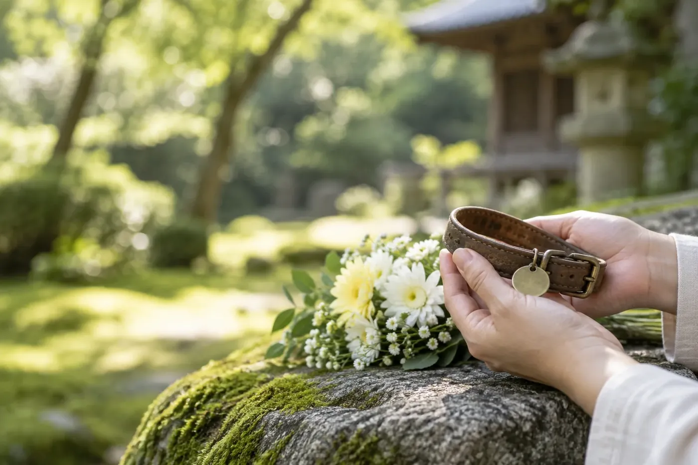 ペットの首輪と花束を手にする手元