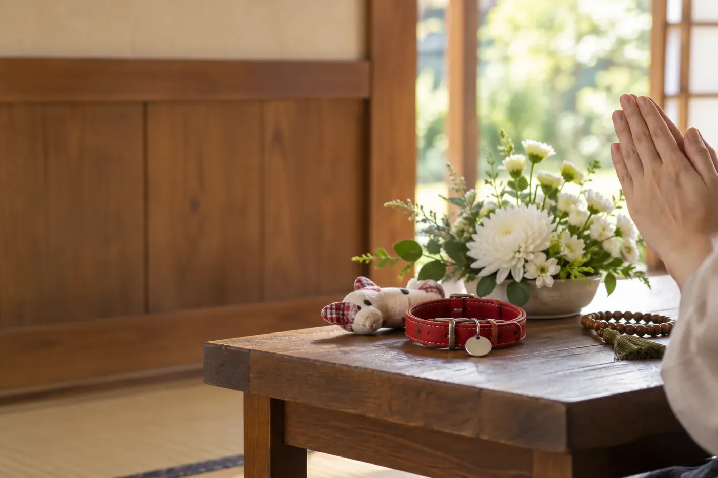 ペットの首輪とぬいぐるみ、供花の前で合掌する手元