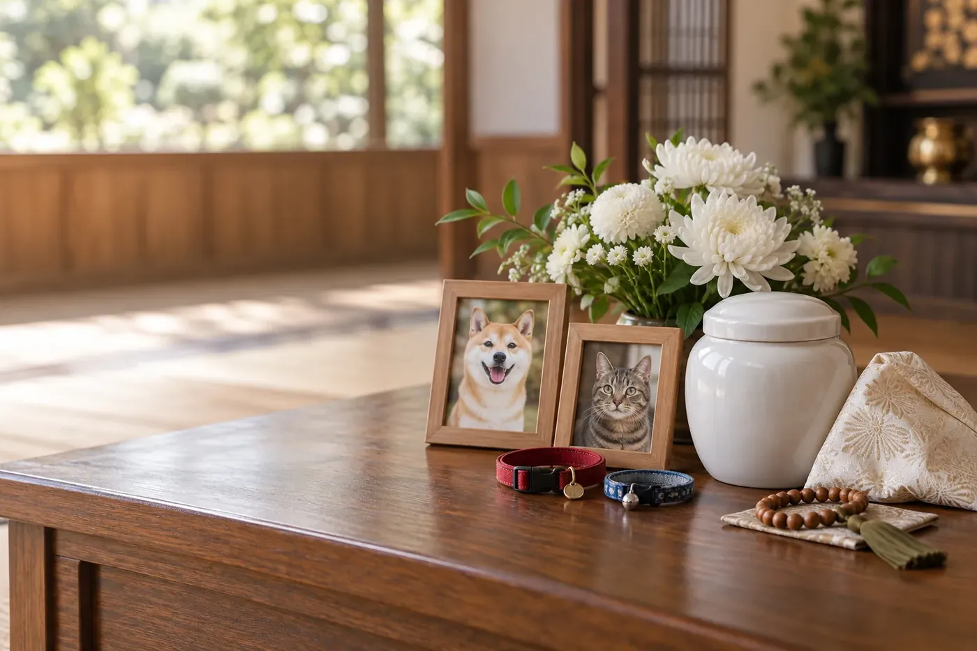 犬と猫の遺影・首輪・骨壺と供花