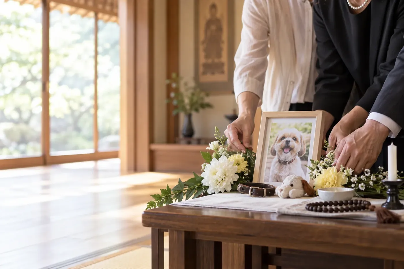 犬の遺影・首輪・ぬいぐるみを供えた祭壇を整えるご家族の手元
