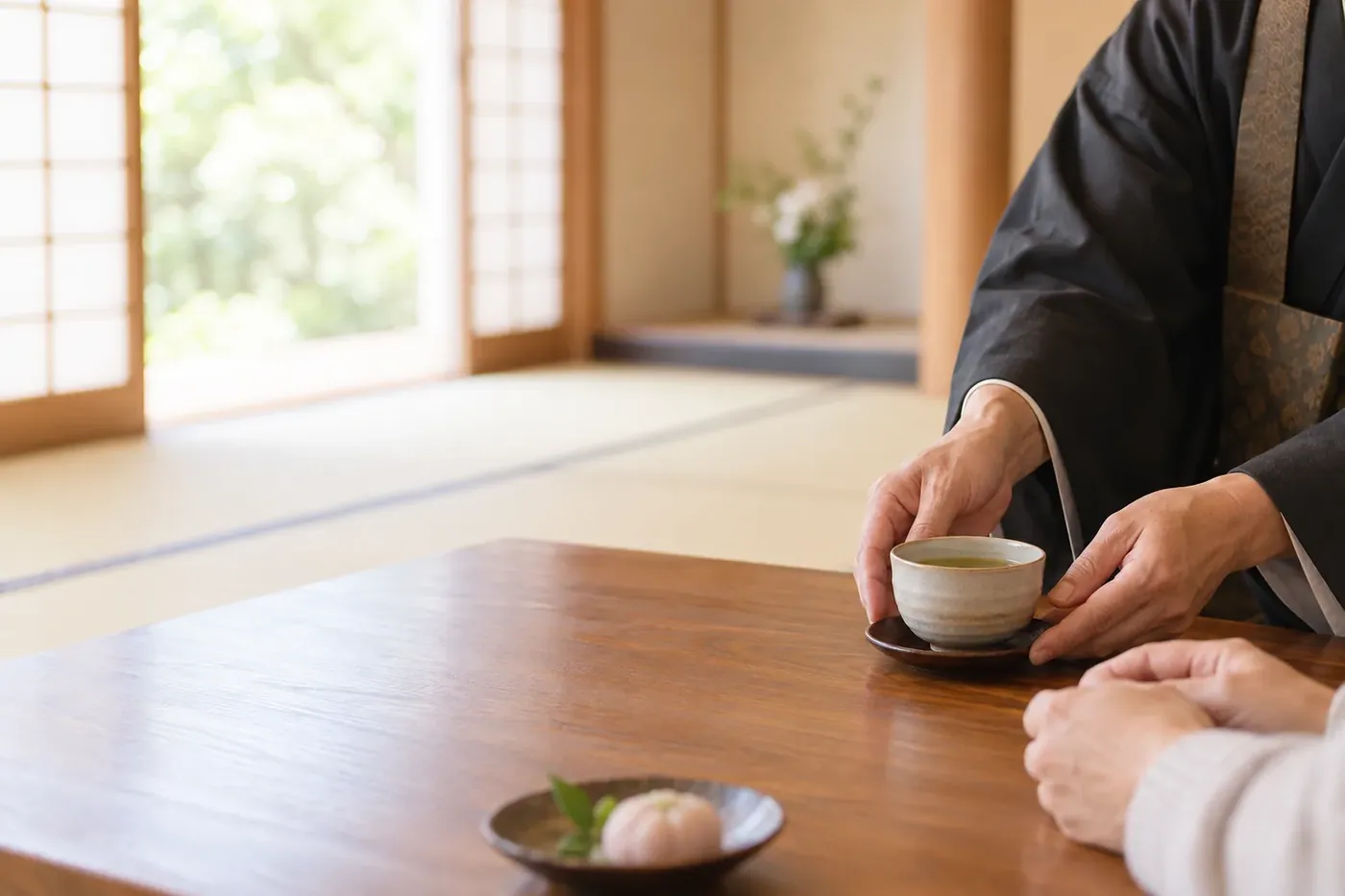 座敷でお茶をお出しする手元