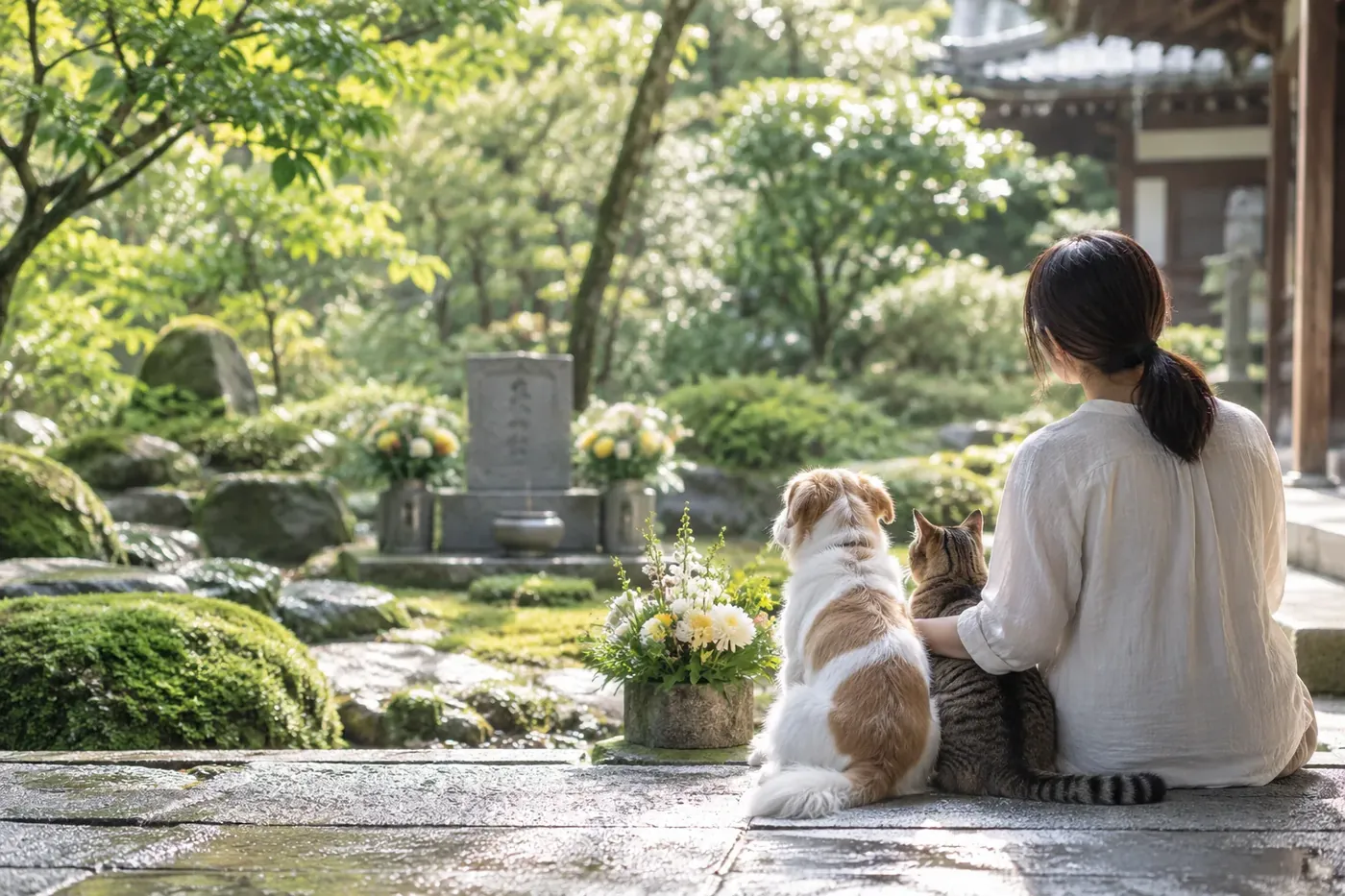 庭の供養塔の前に座るご家族と、犬と猫