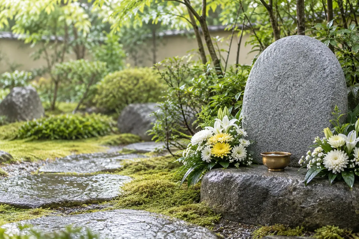 苔庭の石塔と、供えられた白菊