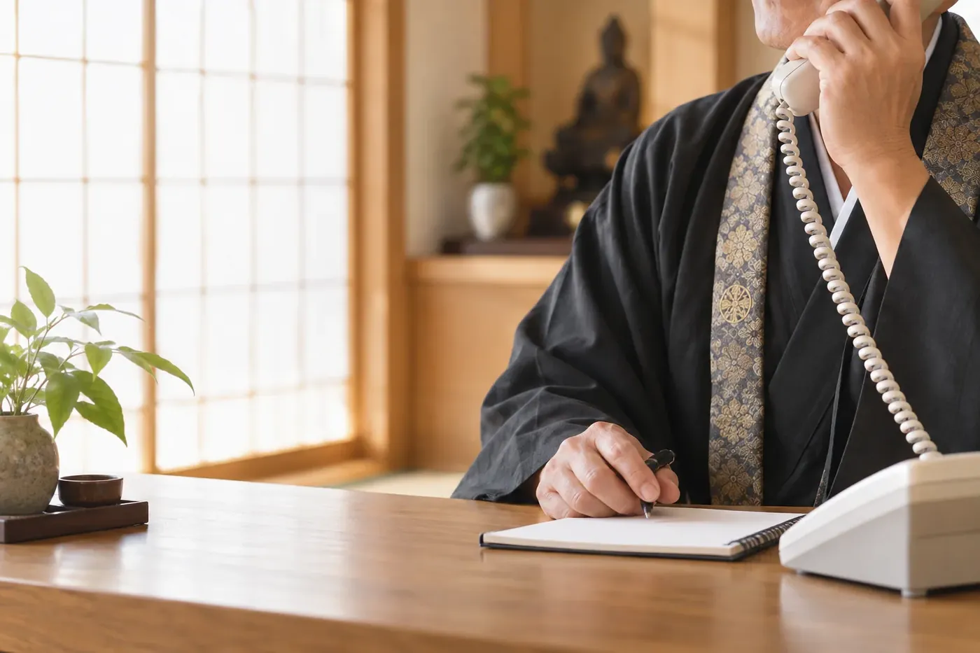 電話で相談を受ける僧侶