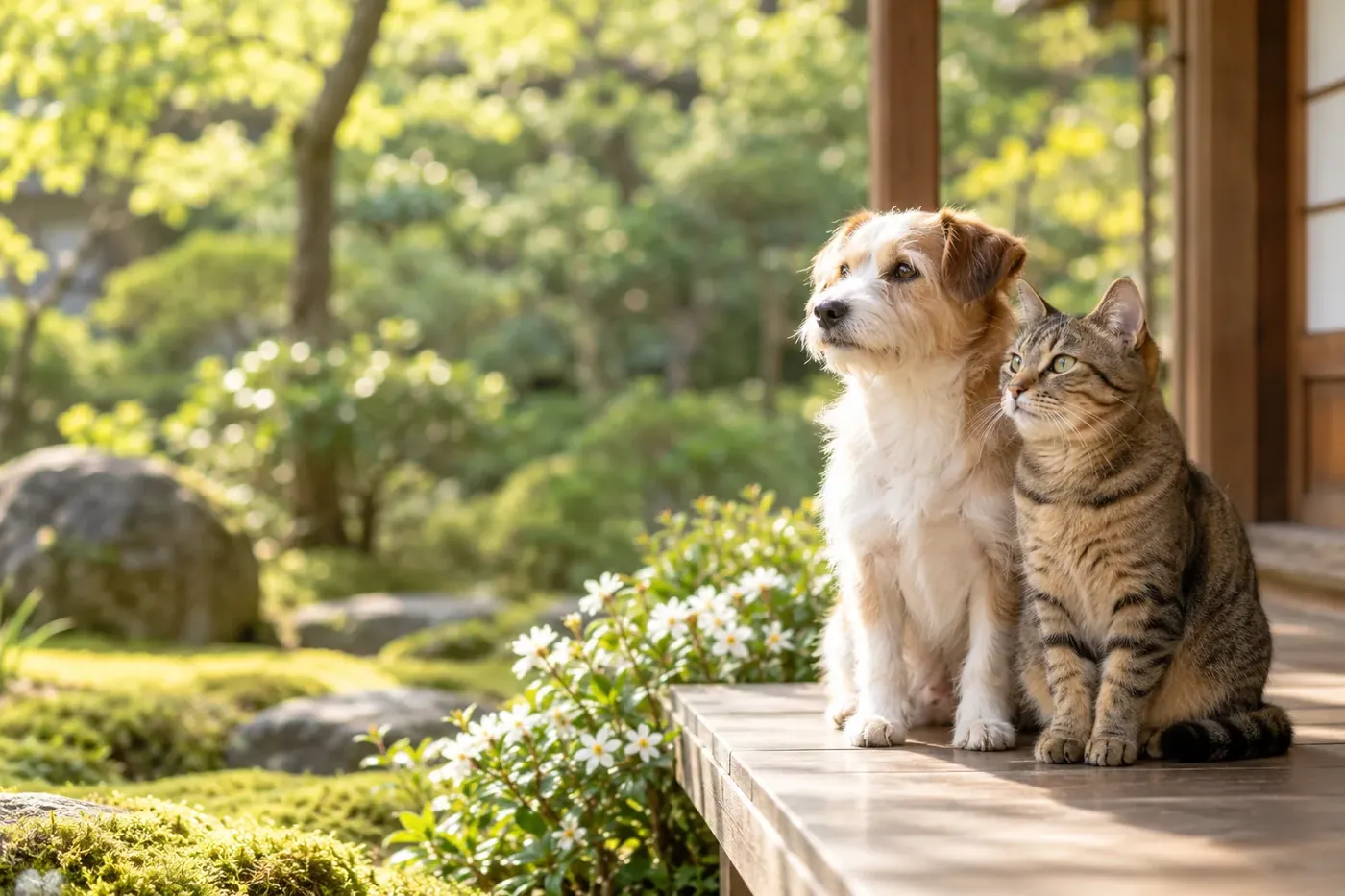 縁側に並んで座る犬と猫